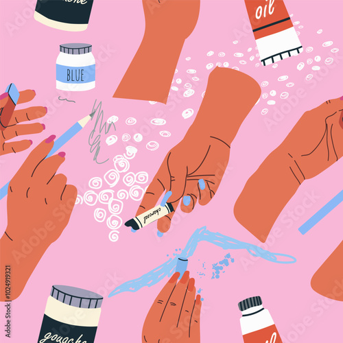 Seamless pattern with art supplies, hand drawn style. Art workshop, fine art, hobby, pastime. Trendy modern vector illustration, flat design.