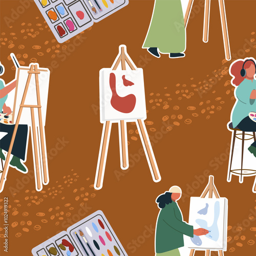 Seamless pattern with art supplies, hand drawn style. Art workshop, fine art, hobby, pastime. Trendy modern vector illustration, flat design.