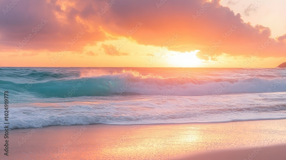 A serene beach at sunrise with gentle waves and the sky painted in shades of pink, orange, and gold. A serene beach at sunrise with gentle waves and the sky painted in shades of pink, orange, and gold.