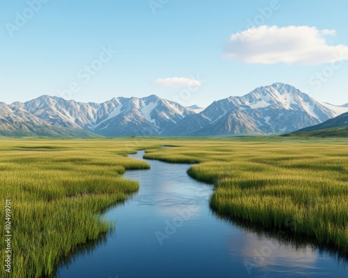 A serene landscape featuring a winding river surrounded by lush grass and mountains.