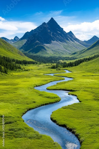 A serene landscape featuring a winding river surrounded by lush green hills and mountains.