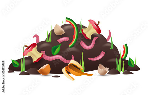Compost pile with earthworms. Soil with humus. Vector 3d clipart isolated on white background.