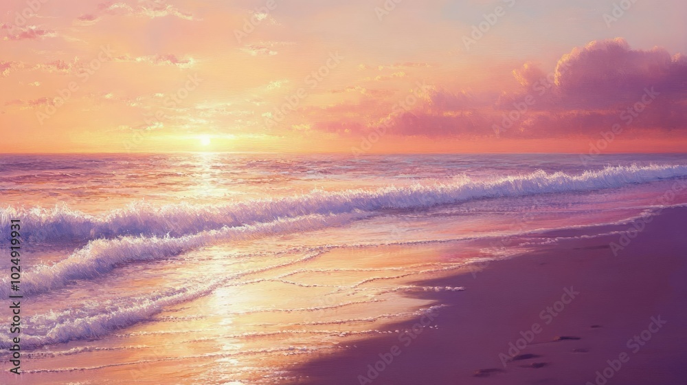 A serene beach at sunrise with gentle waves and the sky painted in shades of pink, orange, and gold. A serene beach at sunrise with gentle waves and the sky painted in shades of pink, orange, and gold.