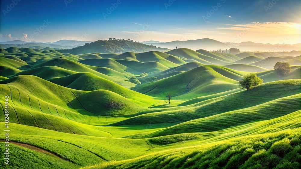 Panoramic landscape of green hills with minimalist design Panoramic landscape of green hills with minimalist design