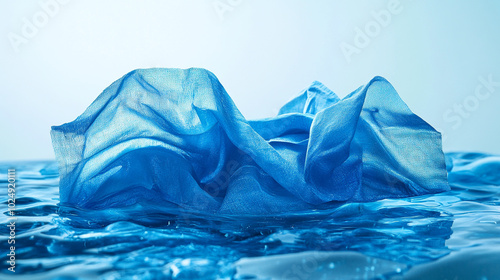 Delicate blue fabric draped in still water reflecting soft light in serene environment