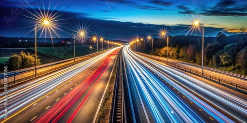 Panoramic long exposure night highway with light trails