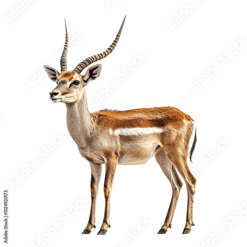 A brown and white antelope with long, curved horns stands on a white background.