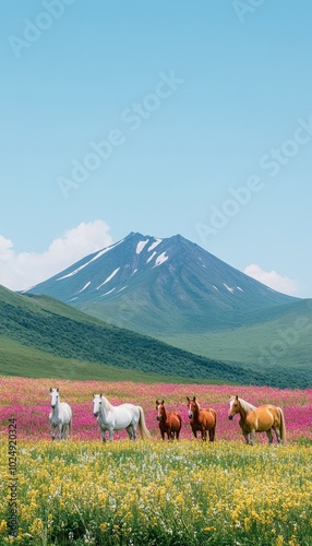 A serene landscape featuring horses in a vibrant flower field with a mountain backdrop.
