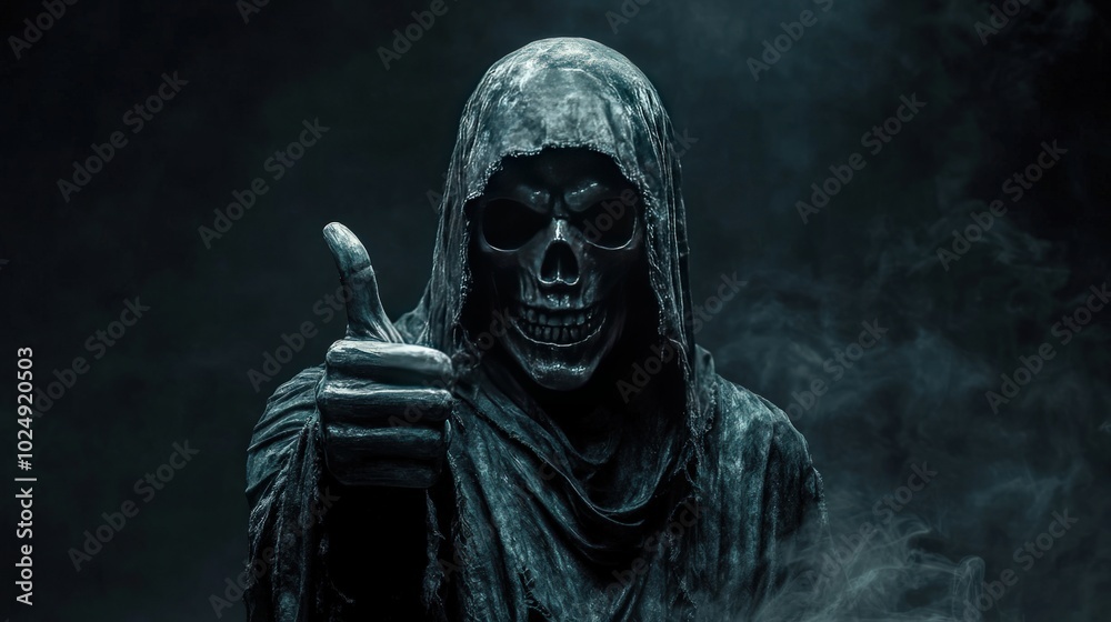 A skeletal figure wearing a hooded robe gives a thumbs up with a dark smoky background. A skeletal figure wearing a hooded robe gives a thumbs up with a dark smoky background.
