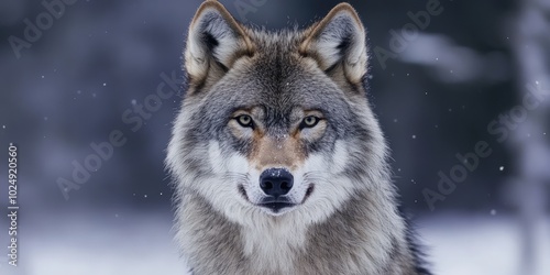 A wolf with a serious expression, standing in a snowy forest, staring directly at the camera.