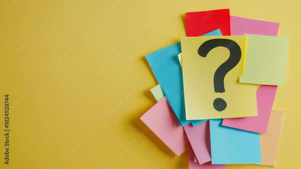 Large question mark is displayed on a yellow sticky note resting on a pile of colorful sticky notes on a bright yellow background