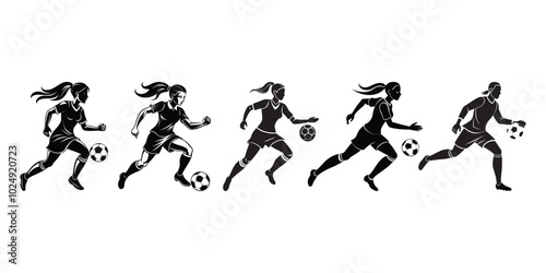 Black and white silhouettes set of male and female soccer players running and dribbling in dynamic poses. Isolated on a white background.