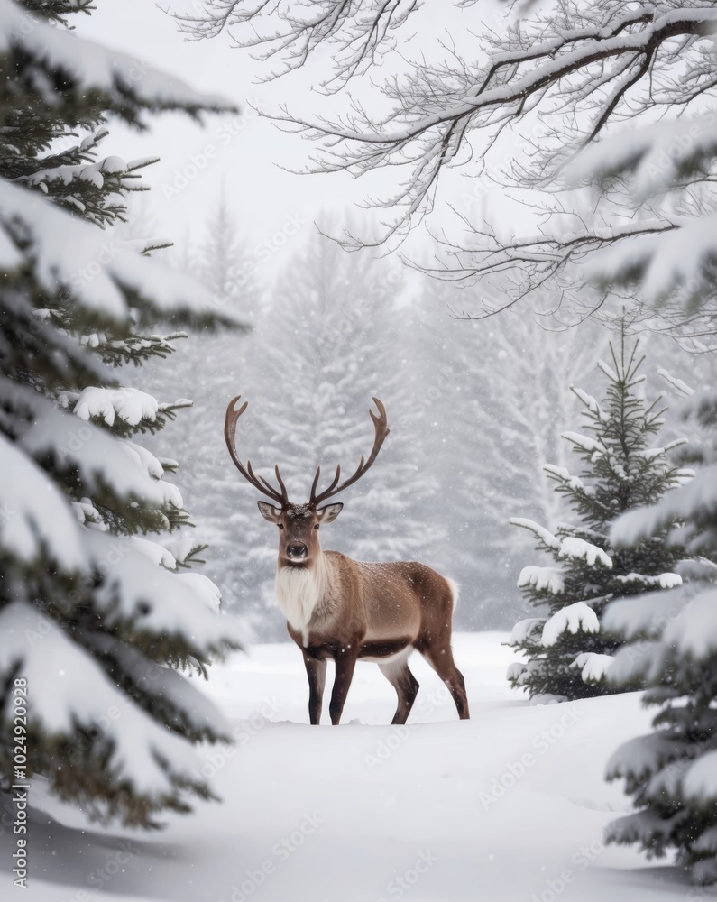 Magical Winter Wonderland with Reindeer and Snowy Frame. Magical Winter Wonderland with Reindeer and Snowy Frame.