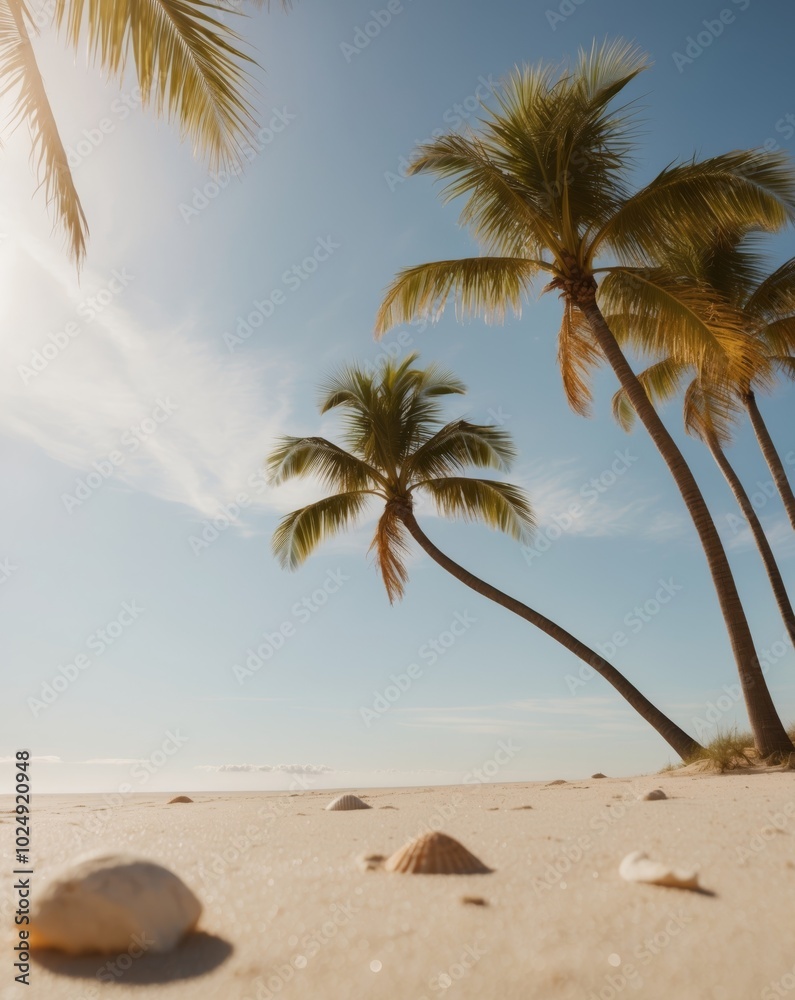 Fototapeta premium Serene Beach with Sunlight and Palm Trees.