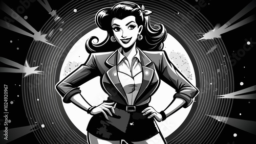 pin-up woman in a blazer and high-waisted shorts, smiling and posing with retro charm, sketch engraving generative ai vector illustration. Scratch board imitation. Black and white