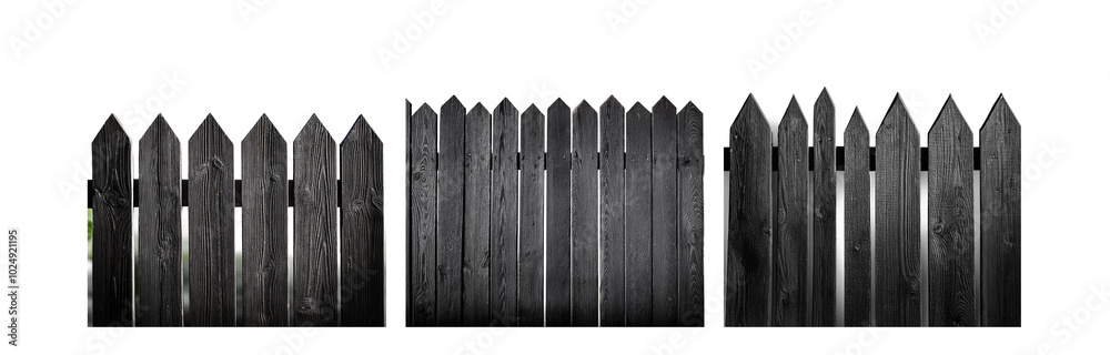 A black wooden fence with pointed tops against a white background.