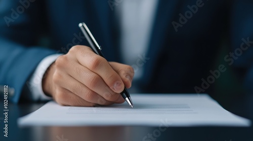 A close-up of a hand holding a pen, writing on a sheet of paper, with a blurred background emphasizing a professional setting. Blur background