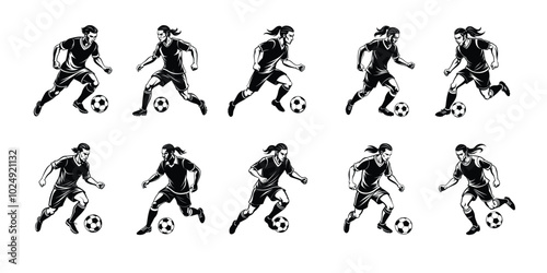Black and white silhouettes set of male and female soccer players running and dribbling in dynamic poses. Isolated on a white background.