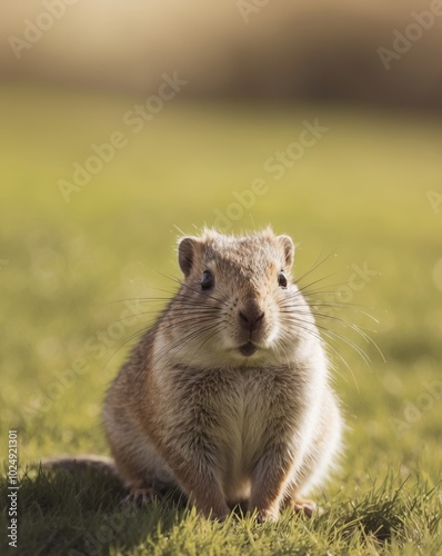 Fluffy Gopher Crawled Out Of The Hole Cute Gopher Sitting On A Green Meadow On A Sunny Day.