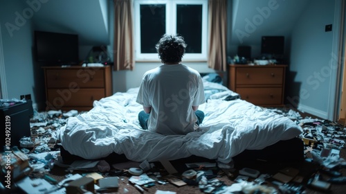 Obraz na płótnie A person sitting on a bed in a cluttered room, reflecting on feelings of isolation and disarray. w salonie