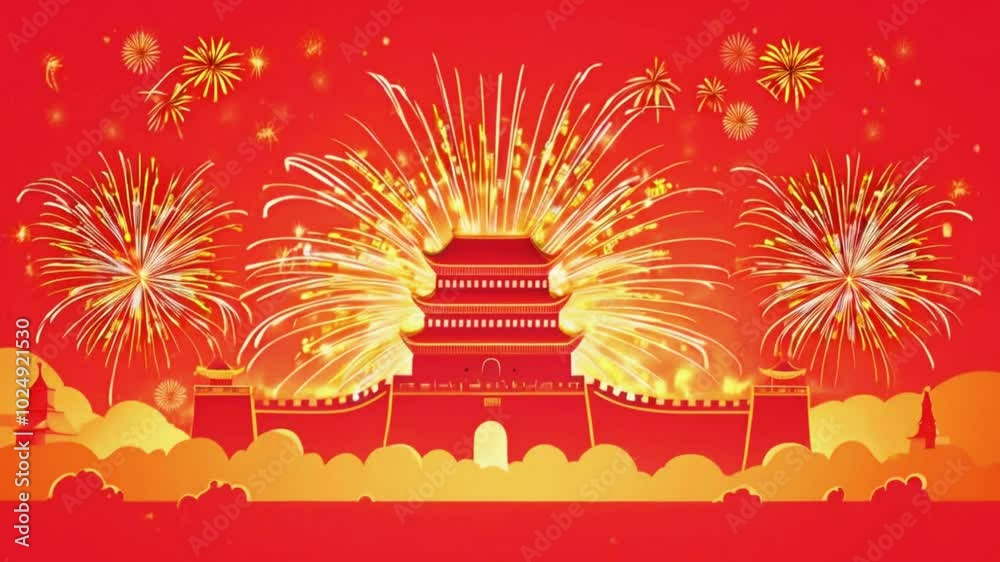 Flat-style golden fireworks over famous Chinese landmarks Great Wall temple. red background lighter tones near middle to provide space for text or holiday greetings, 4k background Animation Video Flat-style golden fireworks over famous Chinese landmarks Great Wall temple. red background lighter tones near middle to provide space for text or holiday greetings, 4k background Animation Video