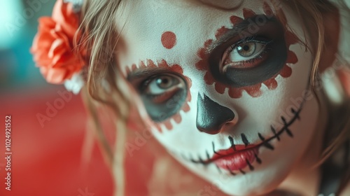 A close-up of a face adorned with sugar skull makeup, featuring intricate designs and flowers, representing cultural heritage and celebratory traditions.