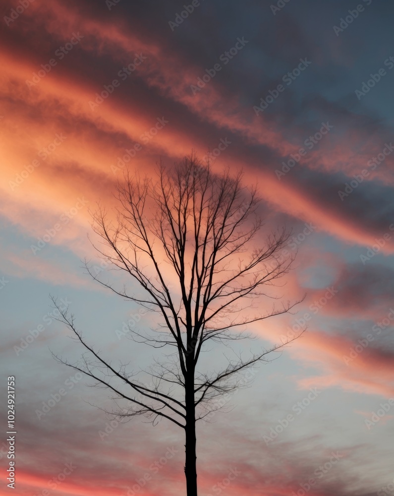 Obraz premium Silhouette of a Tree in a Colorful Sky at Dusk.