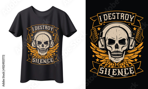 I Destroy Silence – Skull Headphone Music Lover T-Shirt Design for Rock Fans, ready for print, banner, shirt, mug, typography, vector, retro, vintage