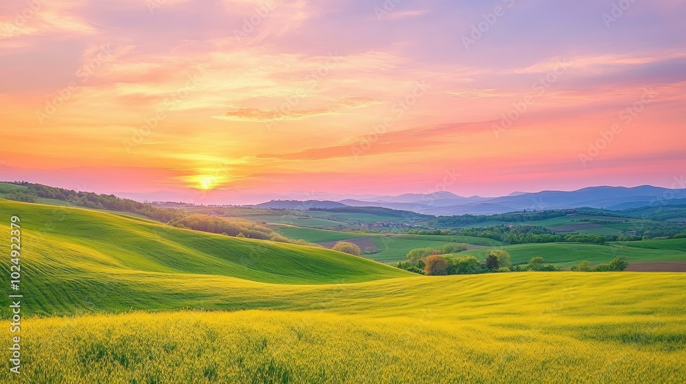Obraz premium A serene countryside sunset with rolling green hills, golden fields, and a vibrant sky of pink and orange hues.