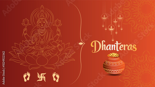 Goddess Lakshmi on a lotus a pot of gold coins hanging diyas and a swastika symbol Dhanteras is written at the topsymbolizing wealth and prosperity






