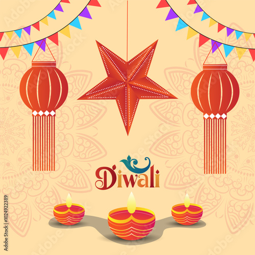 A red star hanging between two red lanterns with tassels set against a cream colored background with mandala designs and colorful bunting Three lit diyas are at the bottom and the word in a font