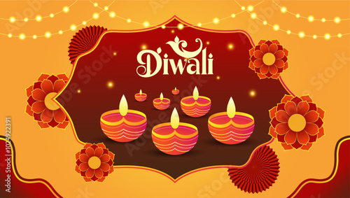  A red background with string lights flowers and a decorative frame Inside the frame are lit diyas and Diwali is written in a festive font symbolizing joy and prosperity