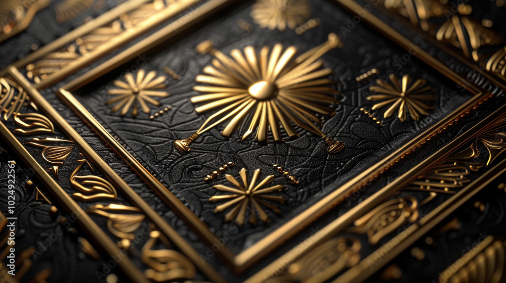 A flyer designed with luxurious metallic art deco patterns in gold and silver, featuring intricate geometric designs over a deep black background. A flyer designed with luxurious metallic art deco patterns in gold and silver, featuring intricate geometric designs over a deep black background.