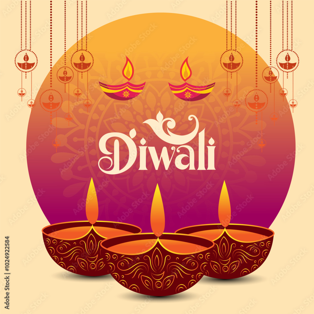 Naklejka premium the word Diwali in a vibrant stylized font with decorative elements A diya is below the word a star hangs above and a mandala design is in the cream background conveying joy and celebration