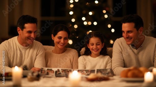 A cozy family gathering around a table, enjoying memories while seated by a glowing Christmas tree decorated with lights.