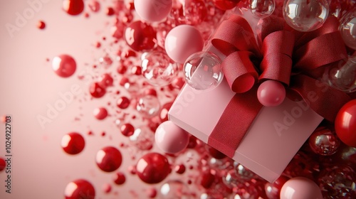 An intriguing gift adorned with red and pink elements and playful spheres in motion, creating a dynamic expression of excitement and joy. photo