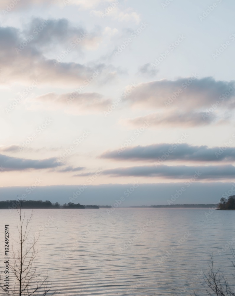 Serene Dawn Over Lake with Low Hanging Clouds. Serene Dawn Over Lake with Low Hanging Clouds.