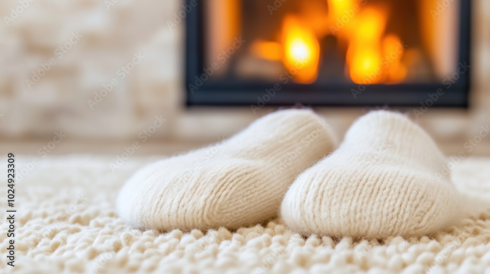 Cozy woolen socks by a warm fireplace on a plush carpet, AI Cozy woolen socks by a warm fireplace on a plush carpet, AI