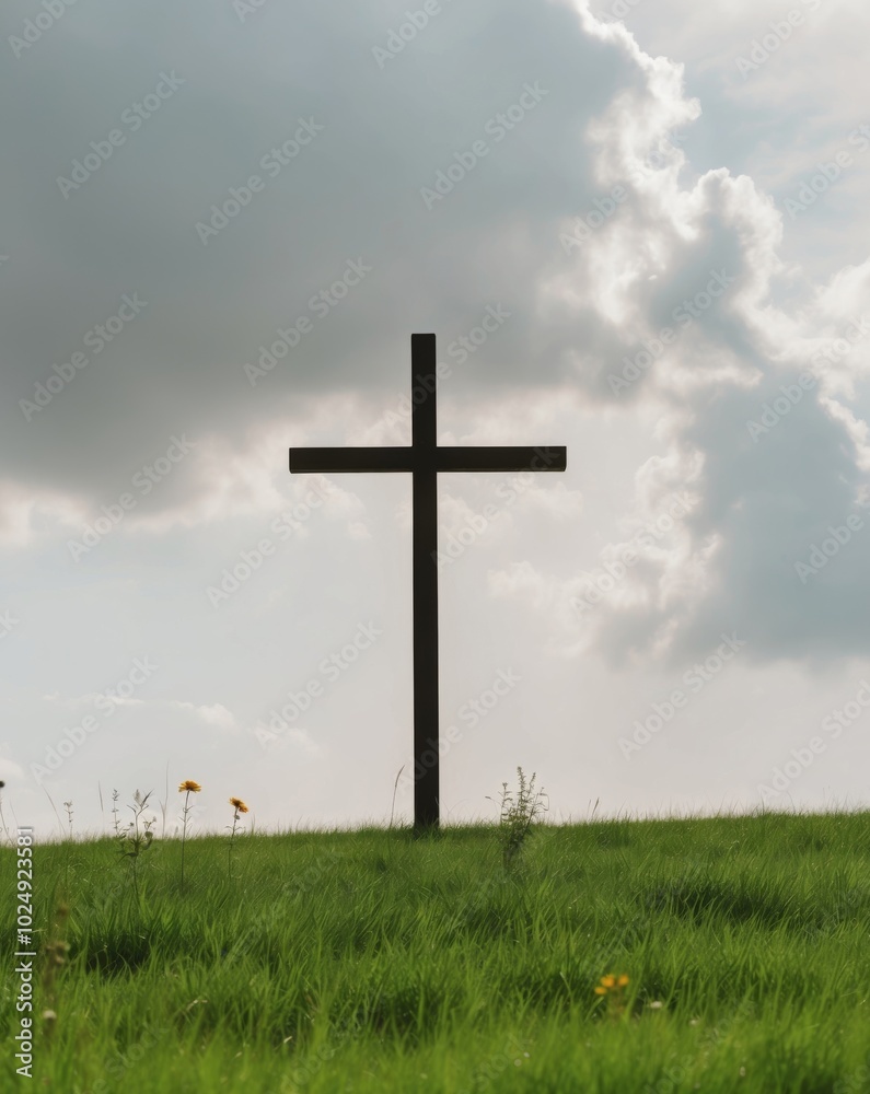 Cross Standing Alone in a Grassy Field Under Clouds. Cross Standing Alone in a Grassy Field Under Clouds.