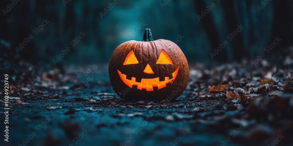 A glowing jack-o'-lantern sits on a path in a dark forest.