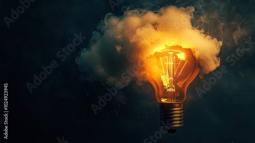 Glowing Light Bulb Surrounded by Smoke