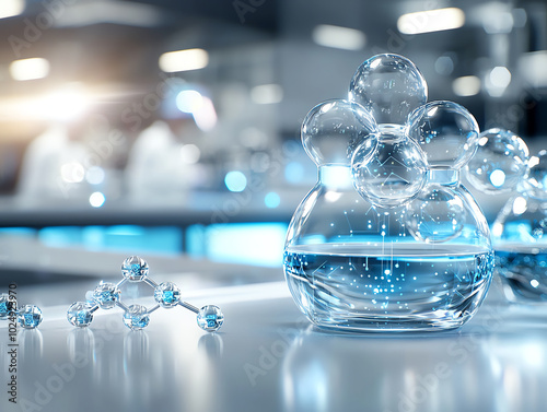 Wallpaper Mural Clear glass water molecules and laboratory equipment on a bright table Torontodigital.ca