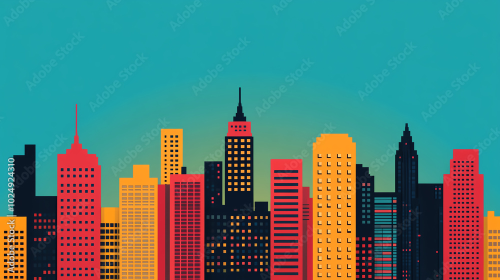 Obraz premium A vibrant silhouette of a city skyline at sunset, showcasing colorful skyscrapers against a turquoise sky, symbolizing urban life and energy.