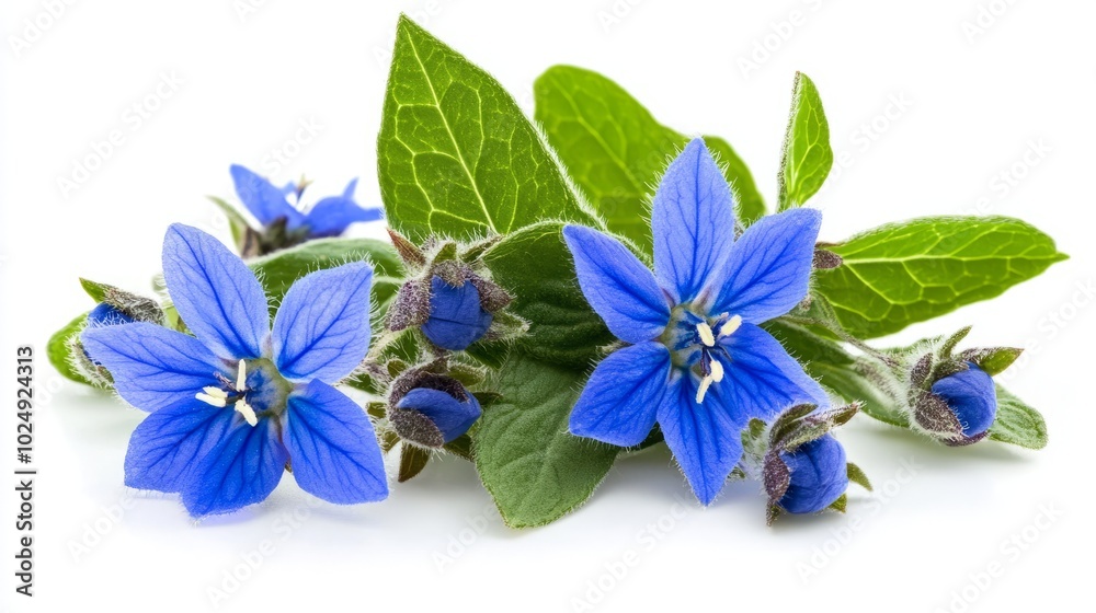 Fototapeta premium A close-up of fresh borage flowers with their vibrant blue petals, isolated on a white background