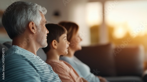 A family of three grandparent, parent, and child sitting together, enjoying a sunset in a cozy living room. Blank space for text and design