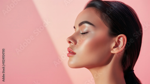 Profile of young woman with glowing, flawless skin, closed eyes and glossy lips bathed in soft pink light