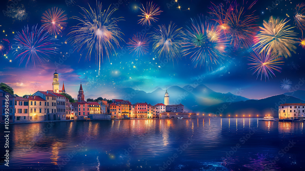 Fototapeta premium Vibrant fireworks display lights up the sky over a picturesque coastal town at night, reflecting beautifully on the calm waters