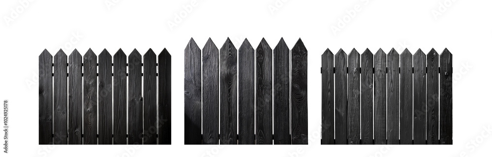 Black wooden fence with pointed tops. The fence has multiple sections, some with open gates. Black wooden fence with pointed tops. The fence has multiple sections, some with open gates.