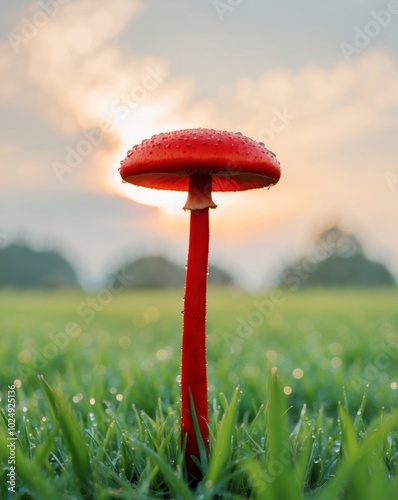 Bright Red Mushroom in Lush Green Grass at Sunrise. photo