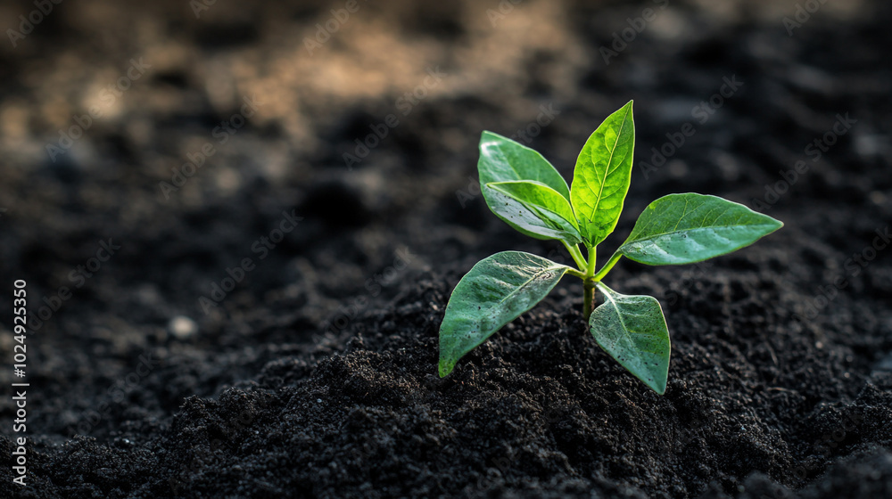 Young plant sprouting in rich soil during daylight in a garden setting Young plant sprouting in rich soil during daylight in a garden setting